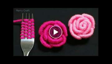 Amazing Woolen Flower Ideas with Fork - Easy Rose Making - Hand Embroidery Trick