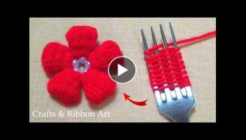 Amazing Woolen Craft Ideas with Fork - Hand Embroidery Flower Design - Easy Woolen Flower Making
