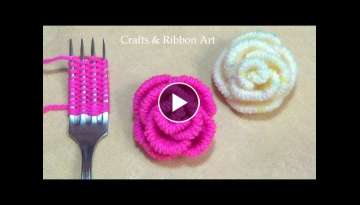 Amazing Trick with Fork - Easy Woolen Rose Making - Hand Embroidery Hack - DIY Woolen Flowers